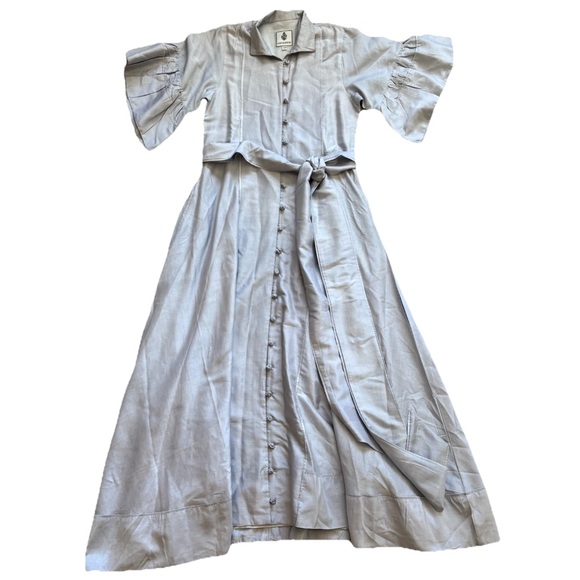 Sue Sartor Dresses & Skirts - SUE SARTOR Light Blue Maxi Dress with Belt and Flutter Short Sleeves XS Feminine